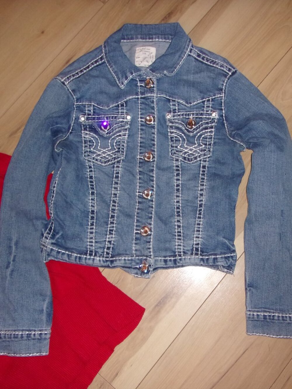 size Large womens blue jean denim jacket coat distressed